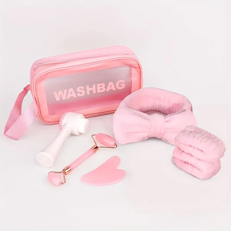7-piece facial cleansing and massage set with a silicone dual-ended brush, dual-ended roller, and heart-shaped gua sha tool Beauty World Shop