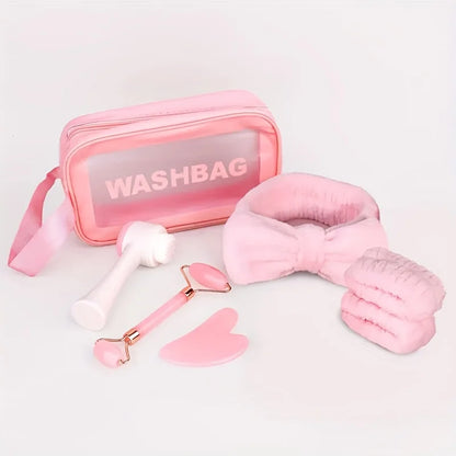 7-piece facial cleansing and massage set with a silicone dual-ended brush, dual-ended roller, and heart-shaped gua sha tool Beauty World Shop