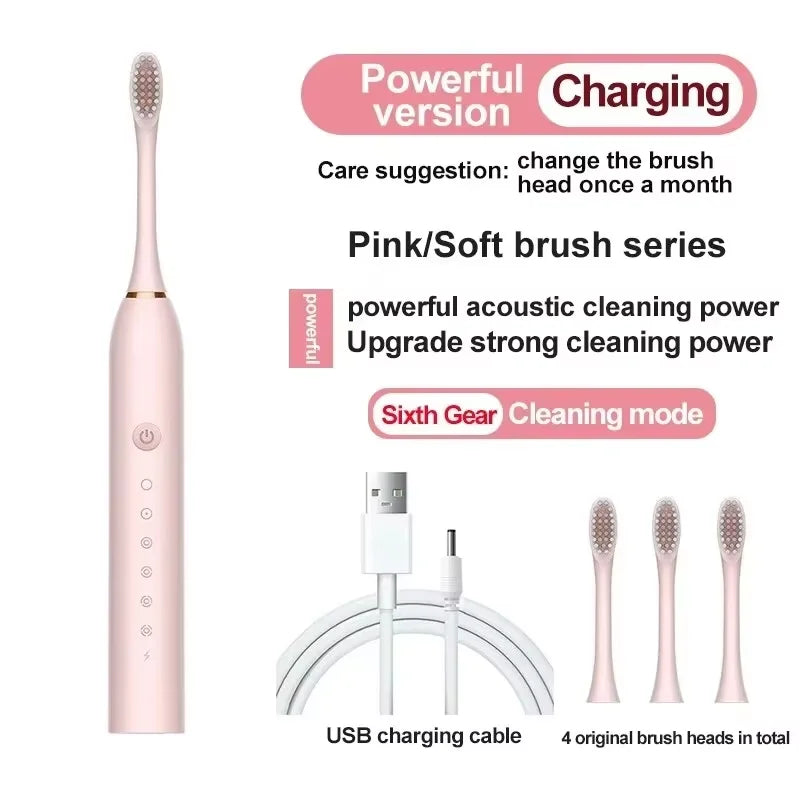 Electric Ultrasonic Toothbrush Six Speed Mode Home Soft Hair USB Charging Waterproof Adult Tooth Cleaner Automatic Couple Set Beauty World Shop