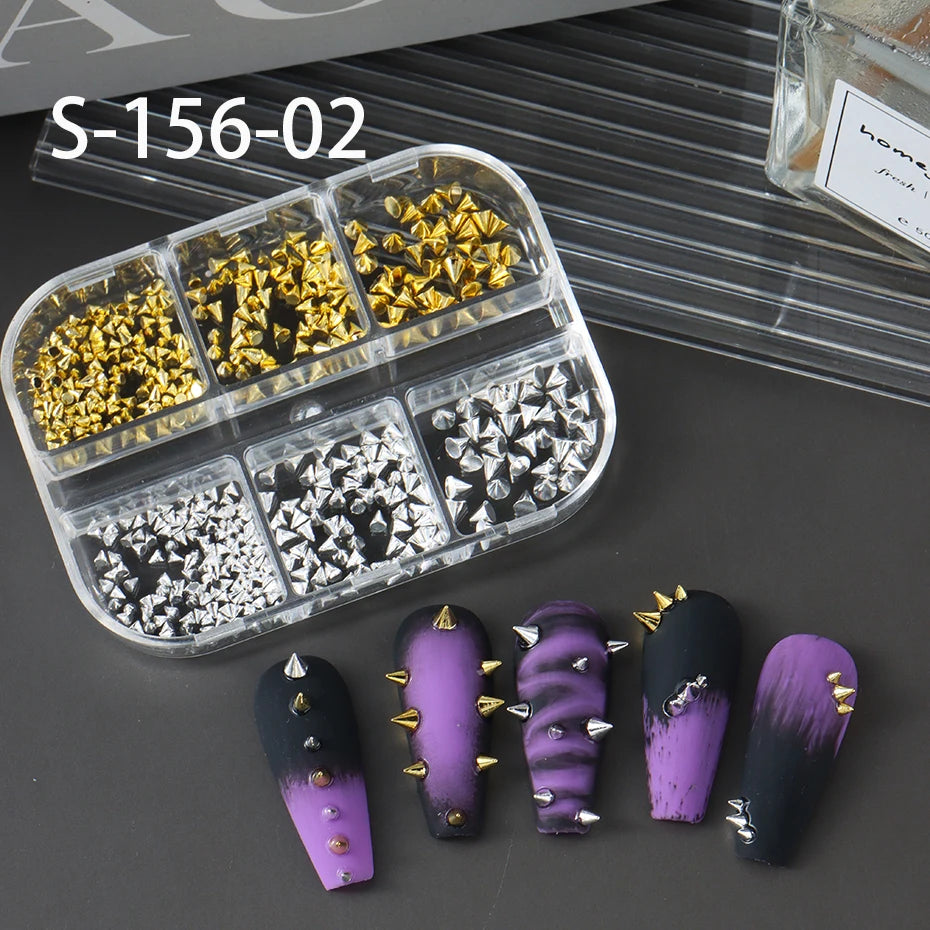 6Grids Metallic Rivet Punk Nail Charm Gold/Silver/Black Cone Spike Studs Nail Art Jewels Aolly Mini Rivet Studs Nail Supplies Beauty World Shop