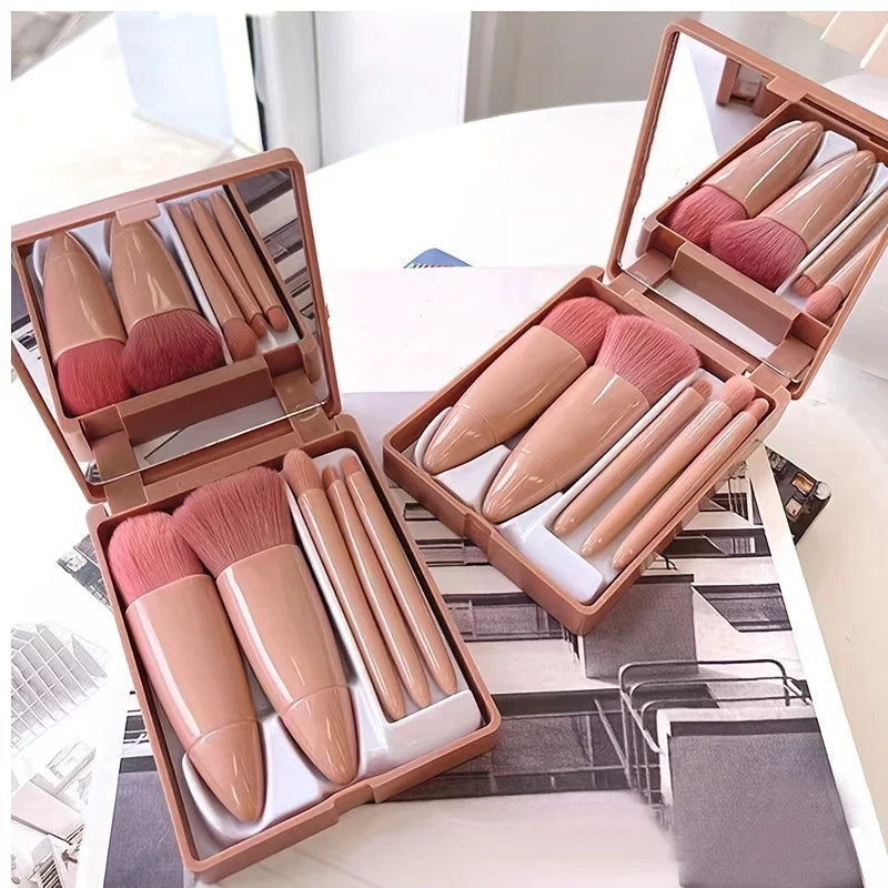 5Pcs Portable Makeup Brush Set With Mirror -  Foldable Travel Kit ，Mini Makeup Brush Set Travel Makeup Brush Set Beauty World Shop