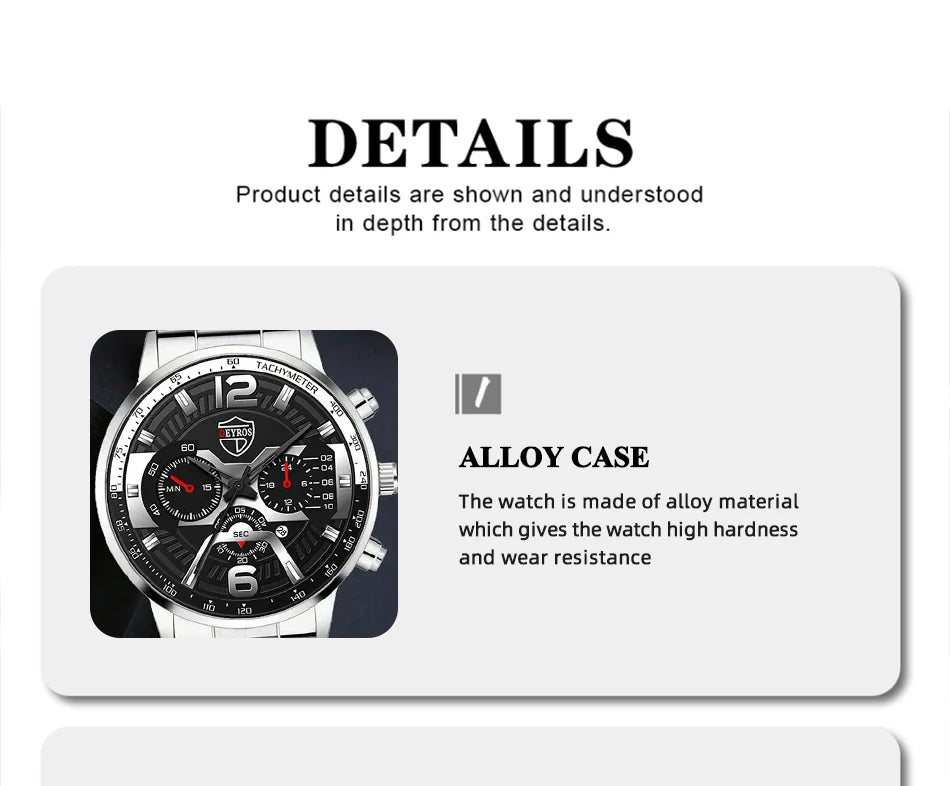 5PCS Set DEYROS Fashion Mens Calendar Watches Men Business Stainless Steel Quartz Wristwatch Male Casual Necklace Bracelet Watch Beauty World Shop