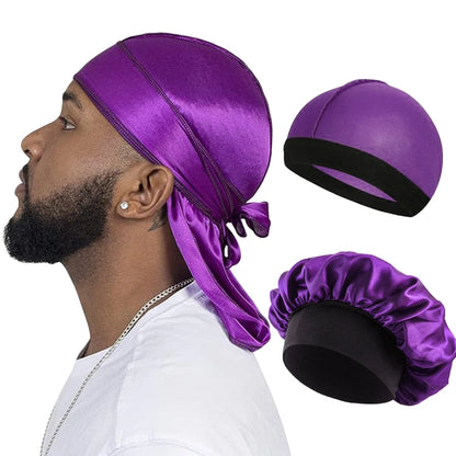 3PCS/LOT Men Silky Durag Long Tail Pirate Hat Headband Turban Dome Wave Cap Unisex Wig Cap Elastic Band Satin Bonnet Beauty World Shop