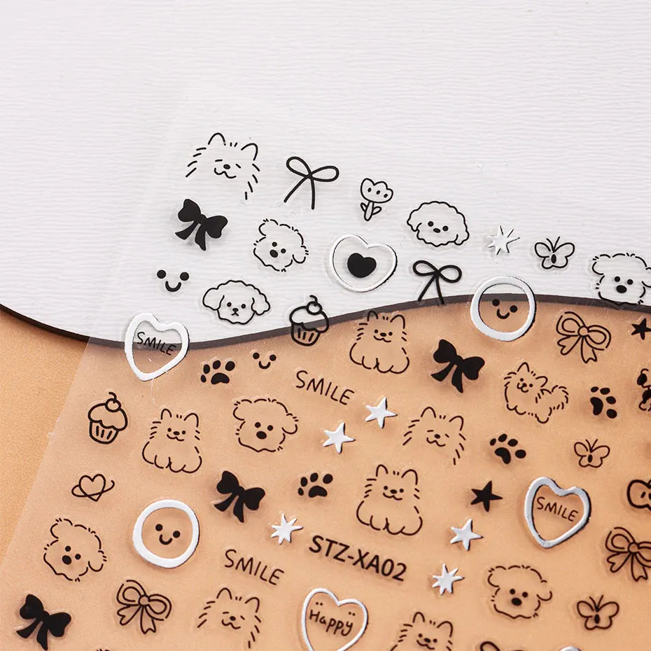 2pcs 3D Cute Silver Smile Dog Decals Y2K Cartoon Cat Footprint Nail Stickers Graffiti Star Heart Bowknot Manicure Slider Decor Beauty World Shop