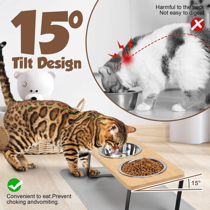 Elevated Cat Bowls Pet Feeder 15° Tilted Raised Cat Food Bowls with Wooden Stand 2 Stainless Steel Bowls for Cats and Puppy Beauty World Shop