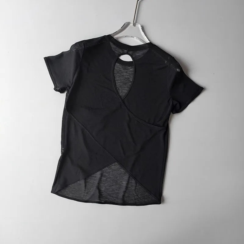 Women's Tight Sports T-shirt Quick Dry Short Sleeve Yoga T-shirt Pilates Fitting Fitness Back Hollow Out Running T-shirt Beauty World Shop