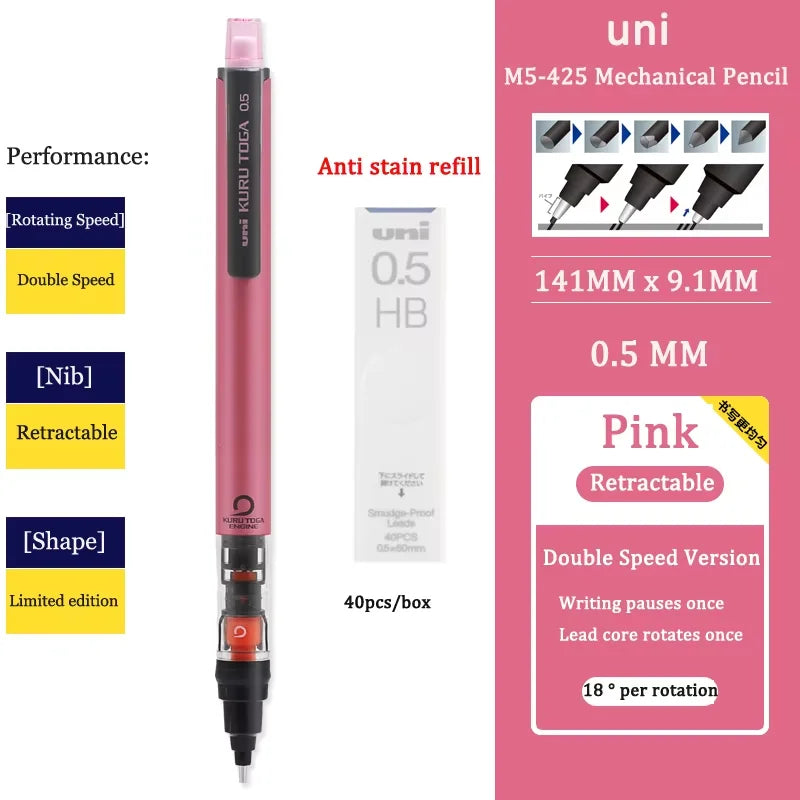 UNI KURUTOGA Mechanical Pencil M5-452 Creative Writing Continuous Sketch 0.5mm Lead Automatic Rotating Mechanical Pencil Beauty World Shop
