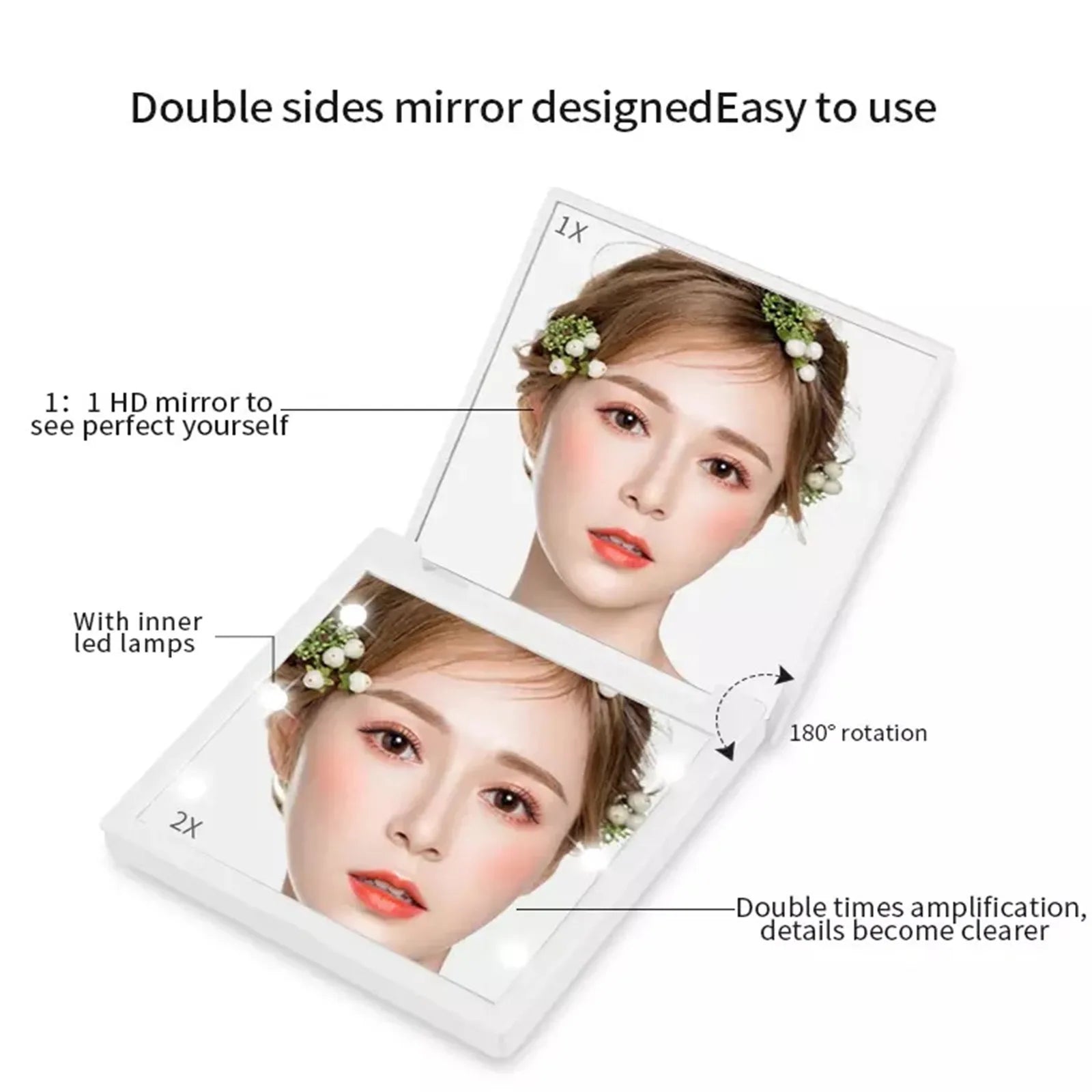 6 Led Makeup Mirror With Light  Magnifying Small Pocket Portable Travel Pink Black White Foldable Cosmetics Vanity Mirrors Beauty World Shop