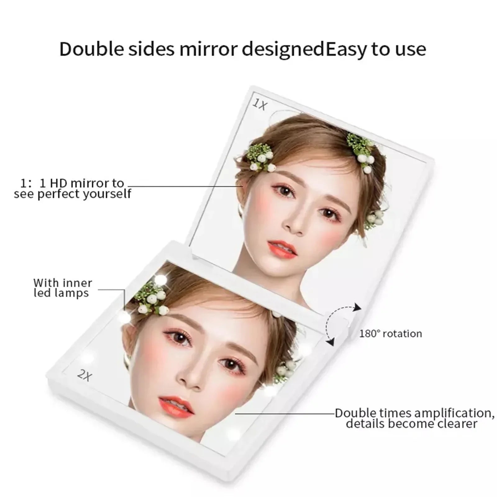 6 Led Makeup Mirror With Light  Magnifying Small Pocket Portable Travel Pink Black White Foldable Cosmetics Vanity Mirrors Beauty World Shop