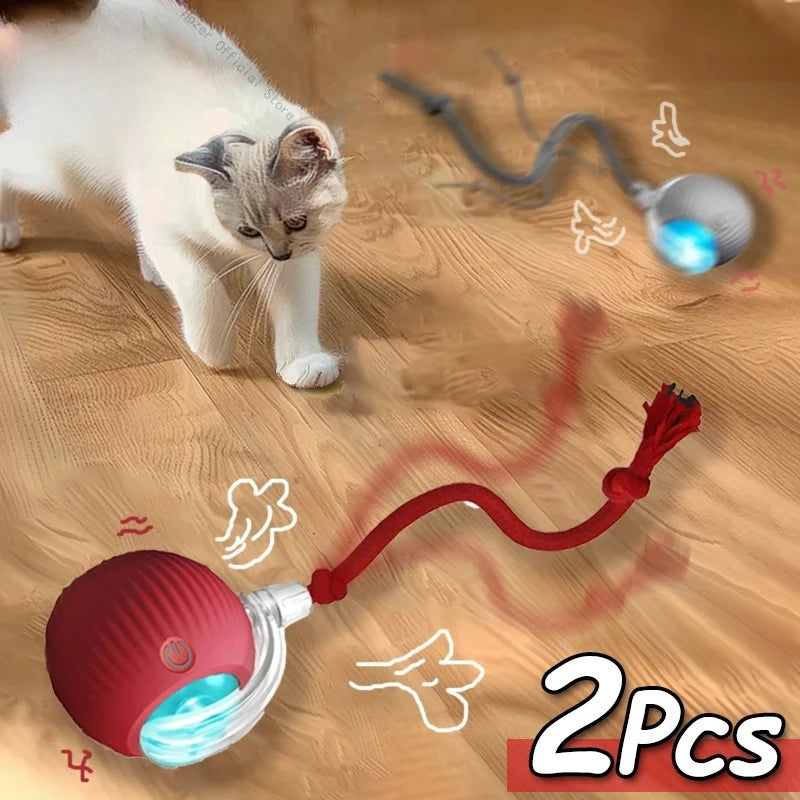 1~2Pcs Cat Interactive Ball Toys Automatic Rolling Ball Faux Tail Rechargeable Smart Pet Electric Toy Cat Training Imitate Mouse