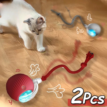 1~2Pcs Cat Interactive Ball Toys Automatic Rolling Ball Faux Tail Rechargeable Smart Pet Electric Toy Cat Training Imitate Mouse