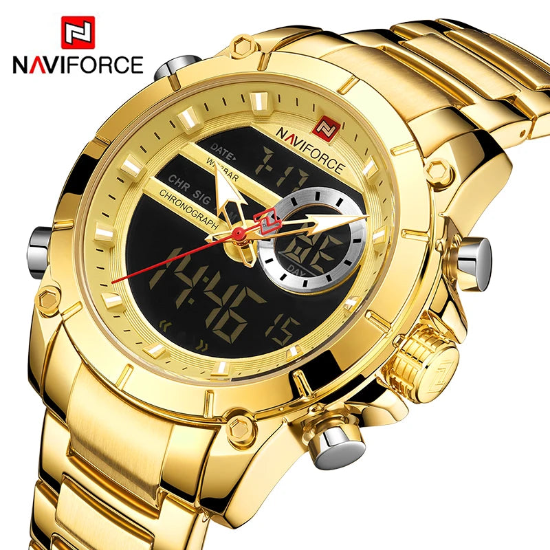 NAVIFORCE 9163 Luxury Original Sport Wrist Watch For Men Quartz Steel Waterproof Dual Display Military Watches Relogio Masculino Beauty World Shop