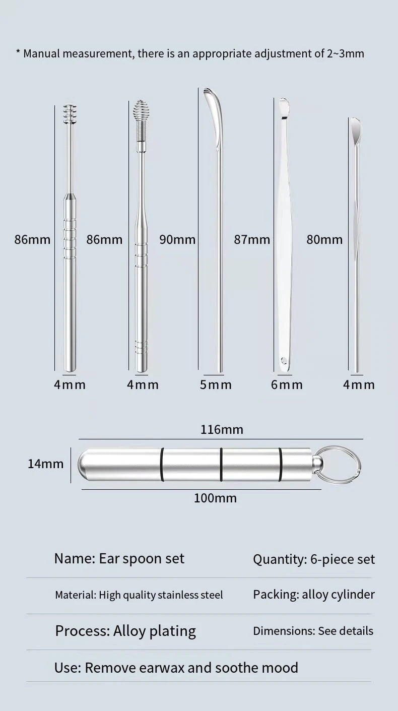 6Pcs/Set Ear Wax Pickers Stainless Steel Earpick Wax Remover Curette Ear Pick Cleaner Ear Cleaner Spoon Care Ear Clean Tool Beauty World Shop