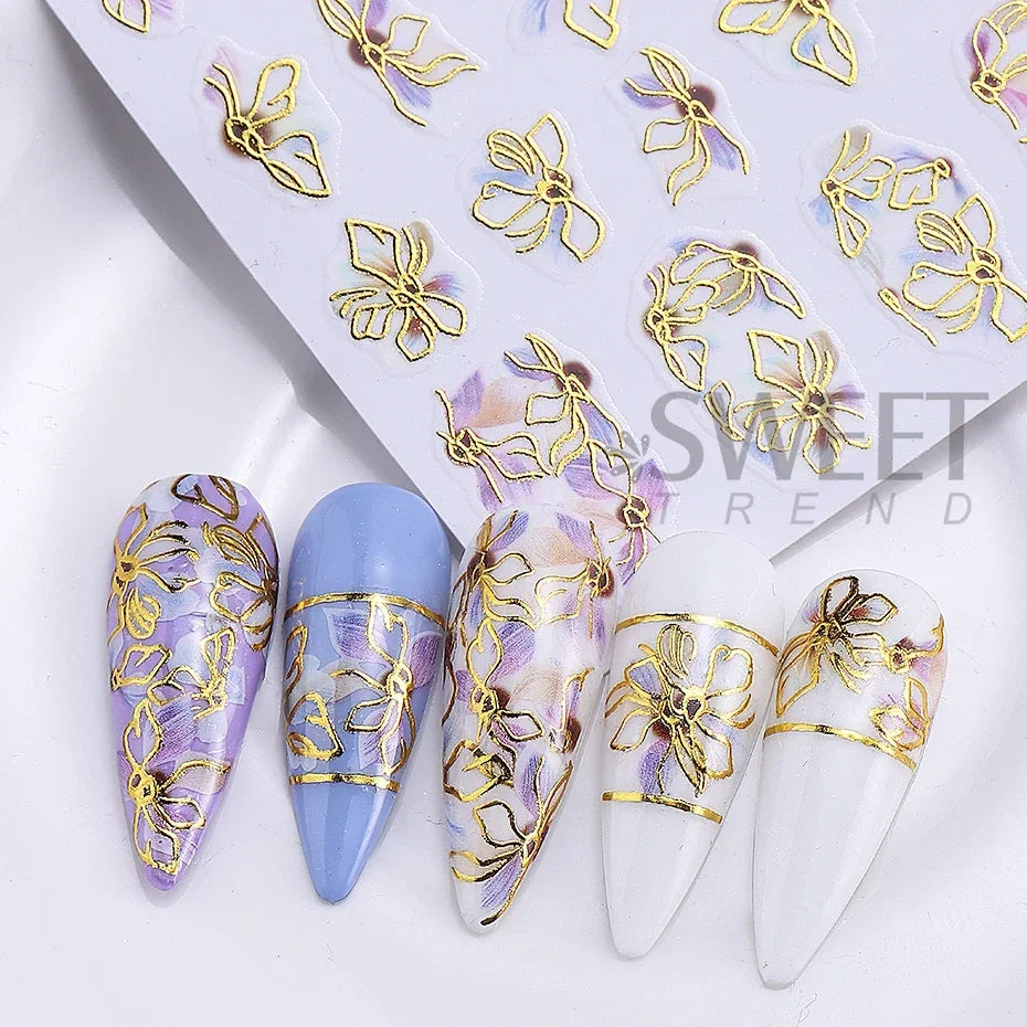 5pcs Metallic Gold Line Flower Nail Stickers 3D Bronzing Border Petals Sakura Leaf Nail Decals Slider DIY Elegant Manicure Decor Beauty World Shop