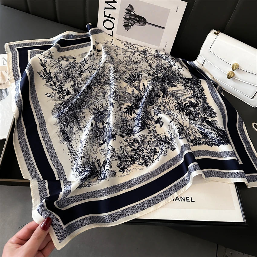 Luxury 2024 Silk Print Hair Scarf Women Floral Kerchief Neck Tie Hand Wrist Foulard Shawl Wraps Head Hijab Bandana Echarpe Beauty World Shop