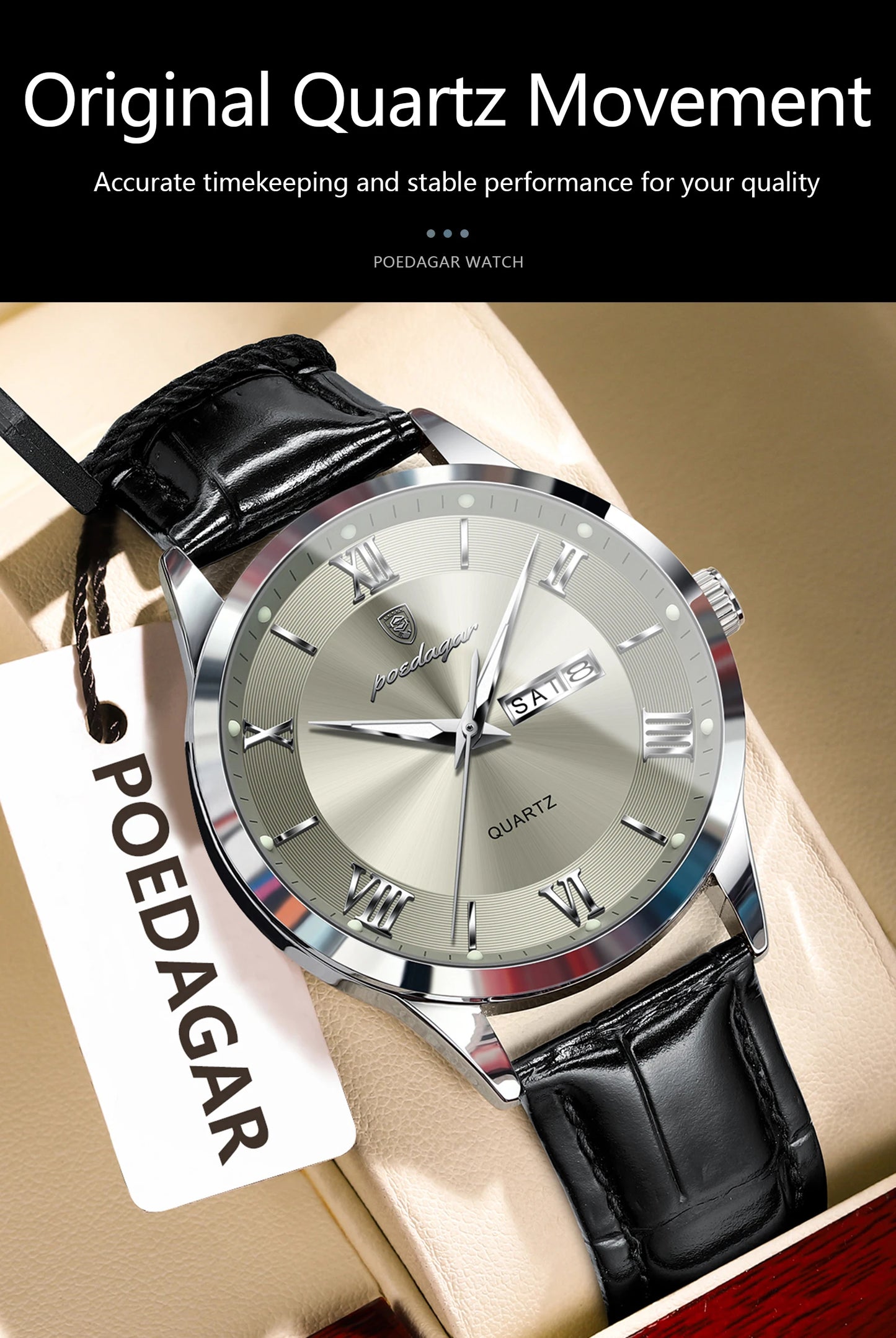 POEDAGAR Business Brand Men Clock Waterproof Luminous Date Week Fashion Man Wristwatch Leather Luxury Men's Quartz Watches Reloj Beauty World Shop