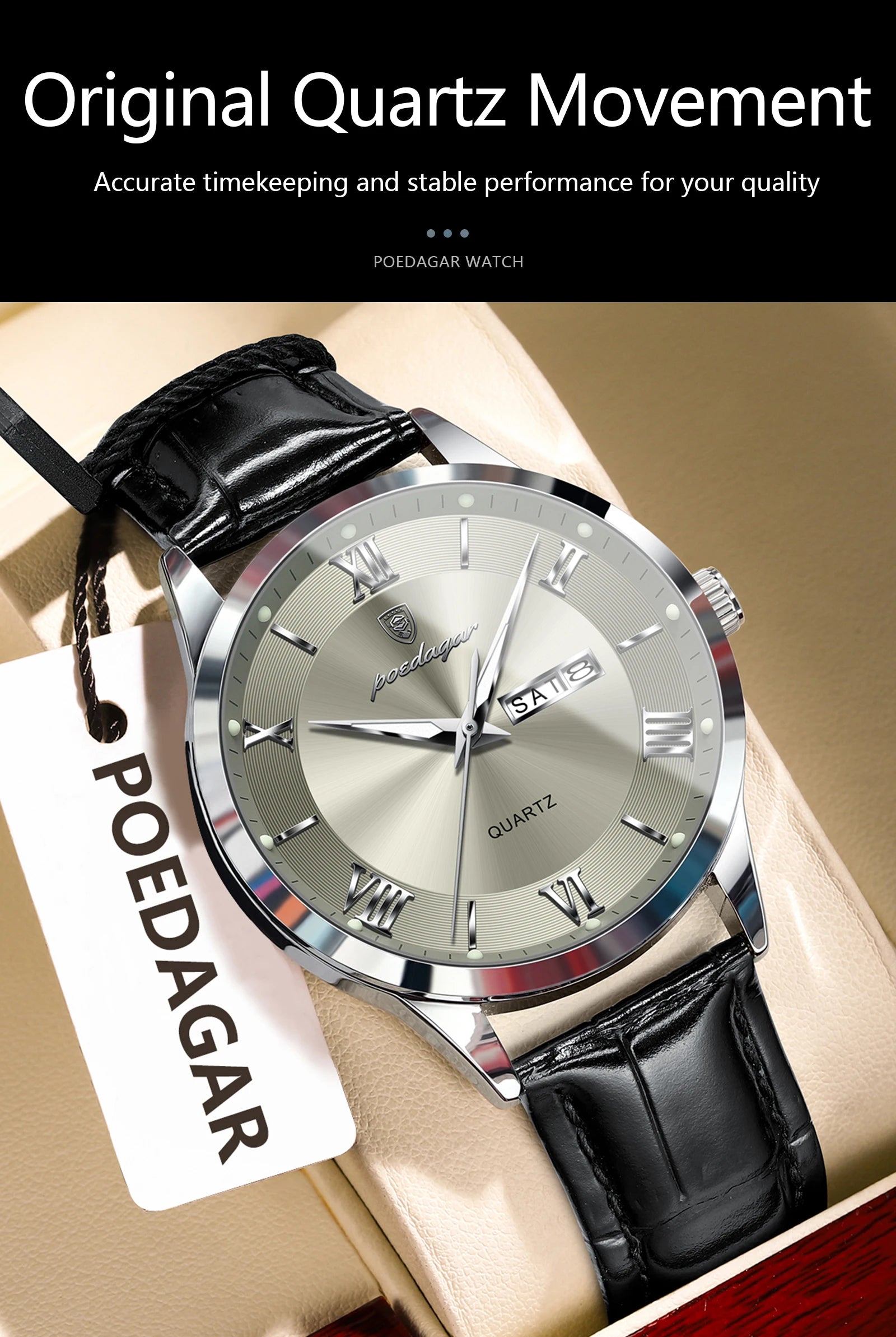 POEDAGAR Business Brand Men Clock Waterproof Luminous Date Week Fashion Man Wristwatch Leather Luxury Men's Quartz Watches Reloj Beauty World Shop