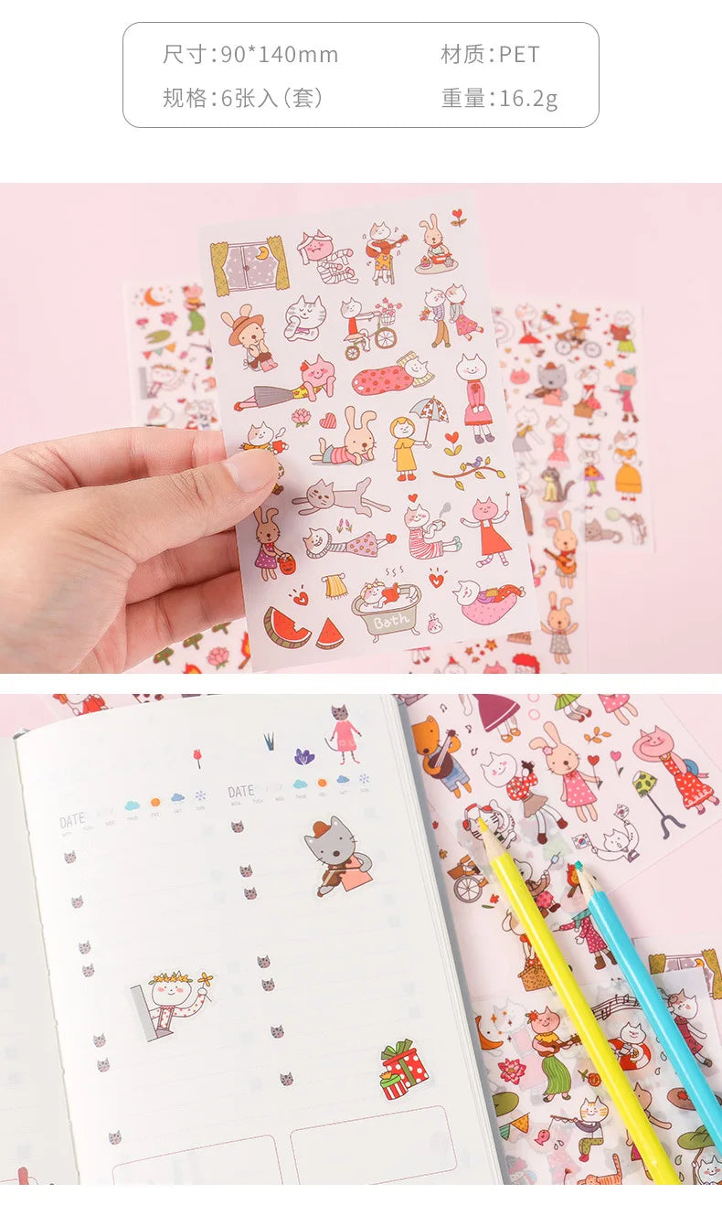 6Pieces/Set Transparent Pvc Waterproof Cartoon Sticker DIY Hand Account Decorative Stickers Kawaii Phone Cup Stickers Beauty World Shop