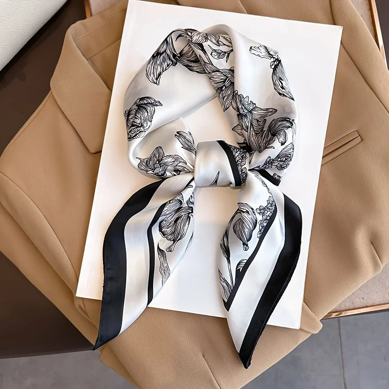 70cm Black White Floral Pattern Scarf Literary Floral Temperament Kerchief Clothes Accessory Scarves Shawl Sun Protection Scarf Beauty World Shop