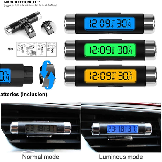 Portable 2 in 1 Car Digital LCD Clock Temperature Display Electronic Clock Thermometer Car Automotive Blue Backlight With Clip Beauty World Shop