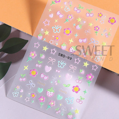 2pcs Sweet Element Nail Art Stickers Simple Flower Heart Cherry Strawberry Kawaii Decals Colorful Bow Butterfly Manicure Sliders Beauty World Shop
