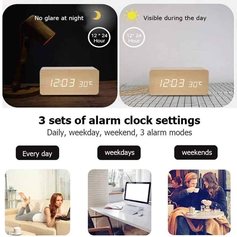 Digital Alarm Clock Wooden LED Table Clock with Temperature for Bedroom Office Travel Desk Decorations Beauty World Shop