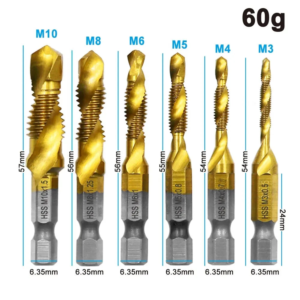 6pc High-speed Steel 4341 Titanium Plated Composite Tap Drill and Tap Integrated Machine Tap Open and Chamfer Tool Set Beauty World Shop