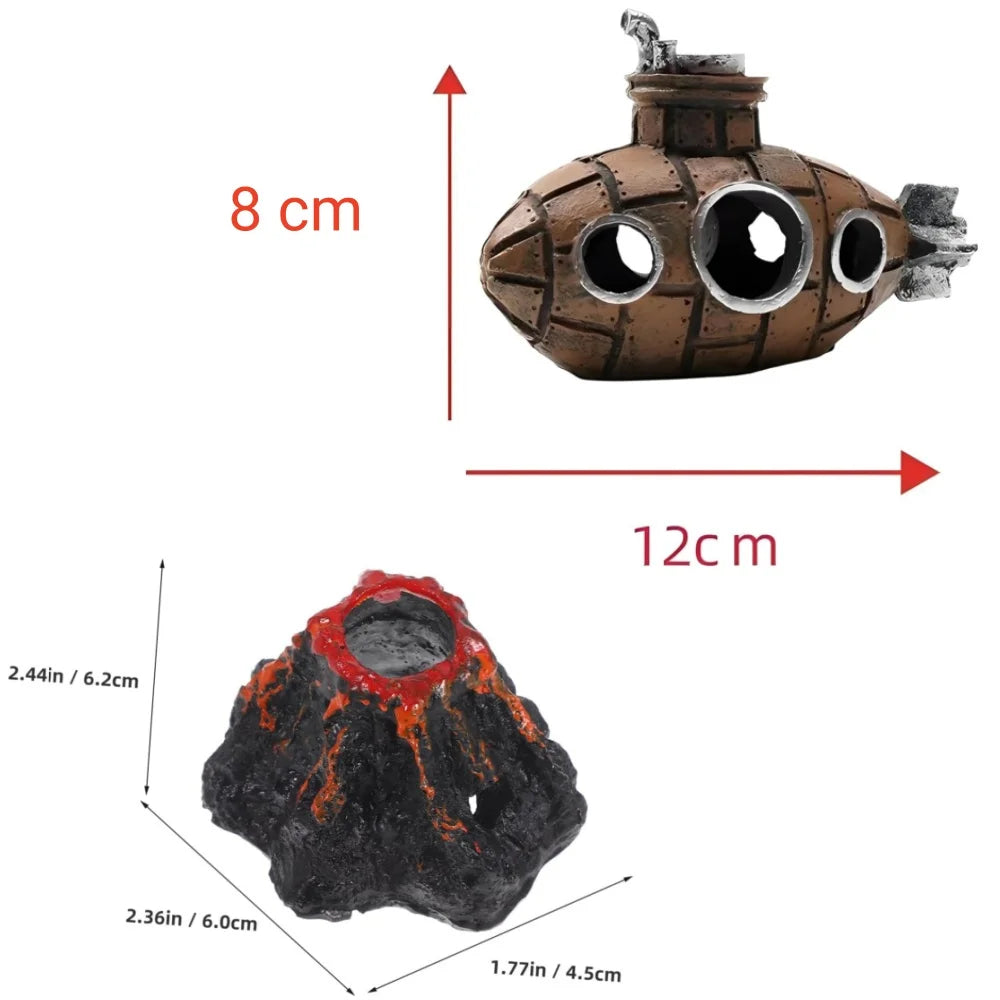 Aquarium Decoration Set Resin Submarine & Volcano Air Bubbler Fish Tank Ornaments Landscape Accessories for Betta Shrimp Decor Beauty World Shop