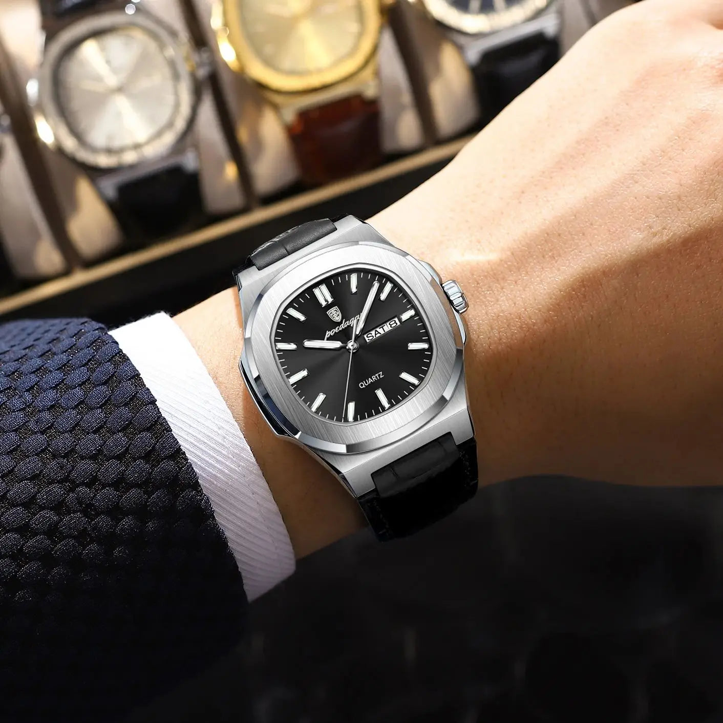 POEDAGAR Square Wristwatch For Men Luminous Waterproof Week Calendar Luxury Man Clock Leather Quartz Fashion Men's Watches Reloj Beauty World Shop