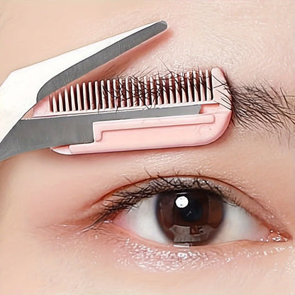 Pink eyebrow trimming scissors with built-in comb - stainless steel, precise grooming tool, creating perfect eyebrows Beauty World Shop