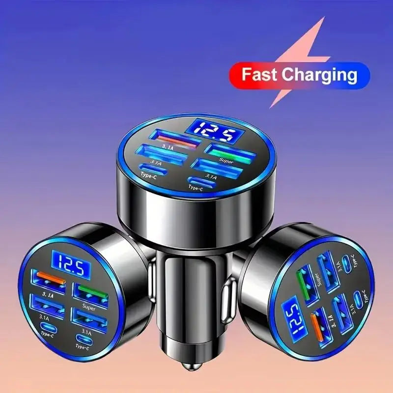 300W PD Car Charger QC3.1 Fast Charge 4USB+2PD ports Car Cigarette Lighter Plug Car Charger Flash Charge with Digital Display Beauty Trend Shop