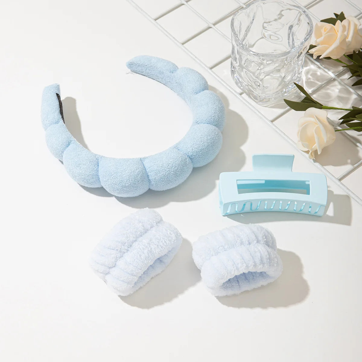 Spa Headband and Wristband Set Skin Care Headband for Wash Face Face Hair Clips for Thick Hair Cute Fluffy Sponge Bubble Makeup Beauty World Shop