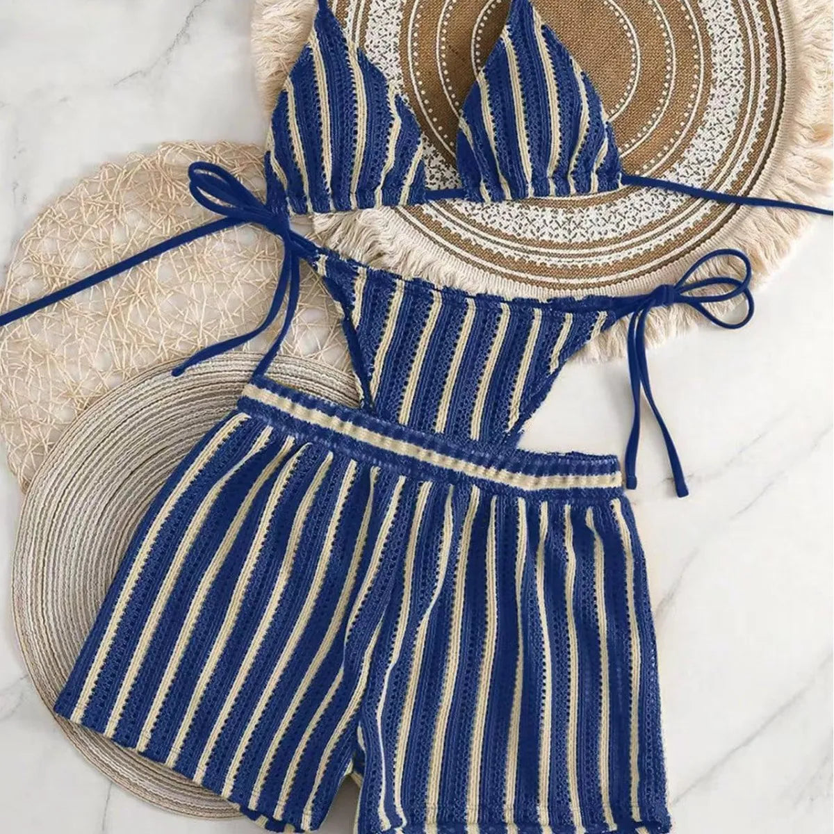 2026 new style boxer shorts mesh three-piece women's swimsuit neck lace-up bikini set Beauty World Shop