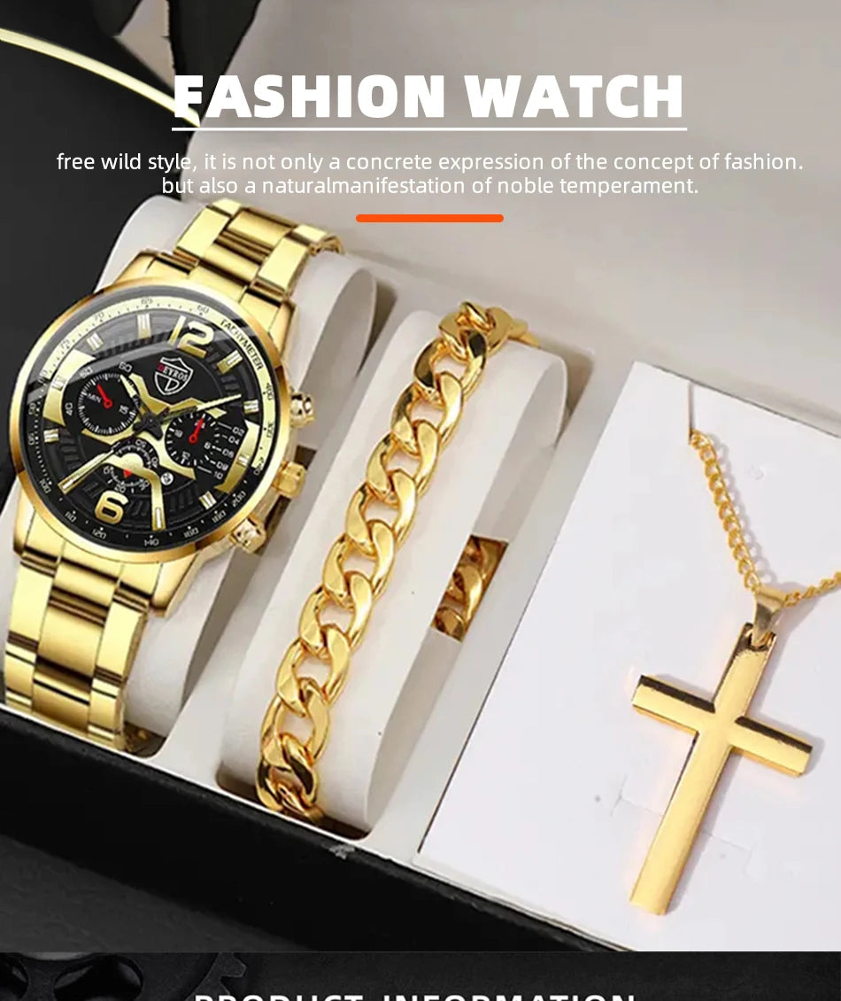 5PCS Set DEYROS Fashion Mens Calendar Watches Men Business Stainless Steel Quartz Wristwatch Male Casual Necklace Bracelet Watch Beauty World Shop