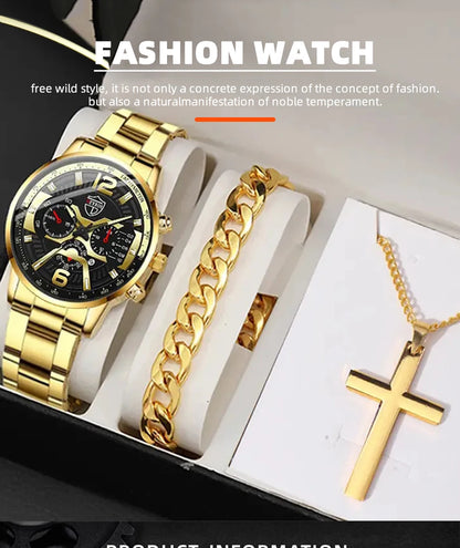 5PCS Set DEYROS Fashion Mens Calendar Watches Men Business Stainless Steel Quartz Wristwatch Male Casual Necklace Bracelet Watch Beauty World Shop