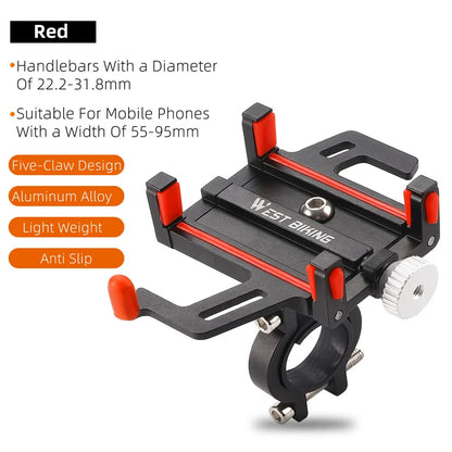 WEST BIKING Bicycle Mobile Phone Holder 360° Rotatable  Aluminum Alloy Phone Holder Five Claws Adjustable MTB Road Bike Bracket Beauty World Shop