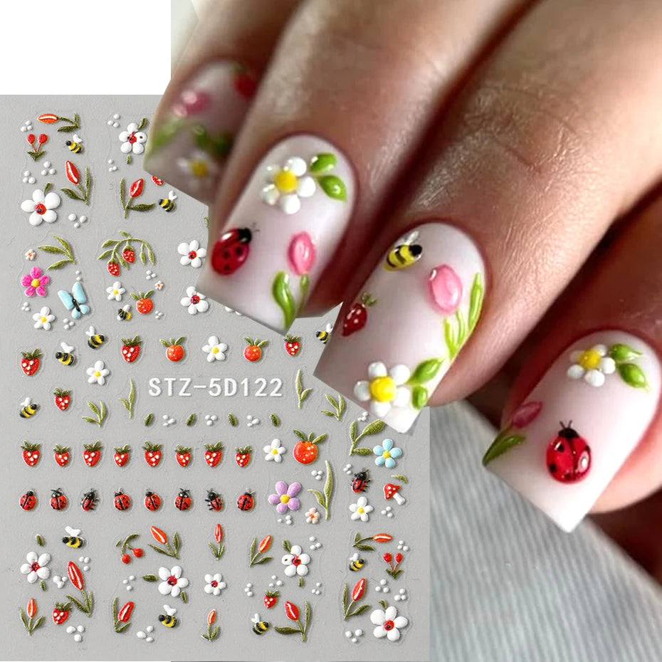 5D Embossed Kawaii Ladybug Sliders Spring White Daisy Flowers Nail Stickers DIY Simple Petals Wedding Nails Decals Accesories Beauty World Shop