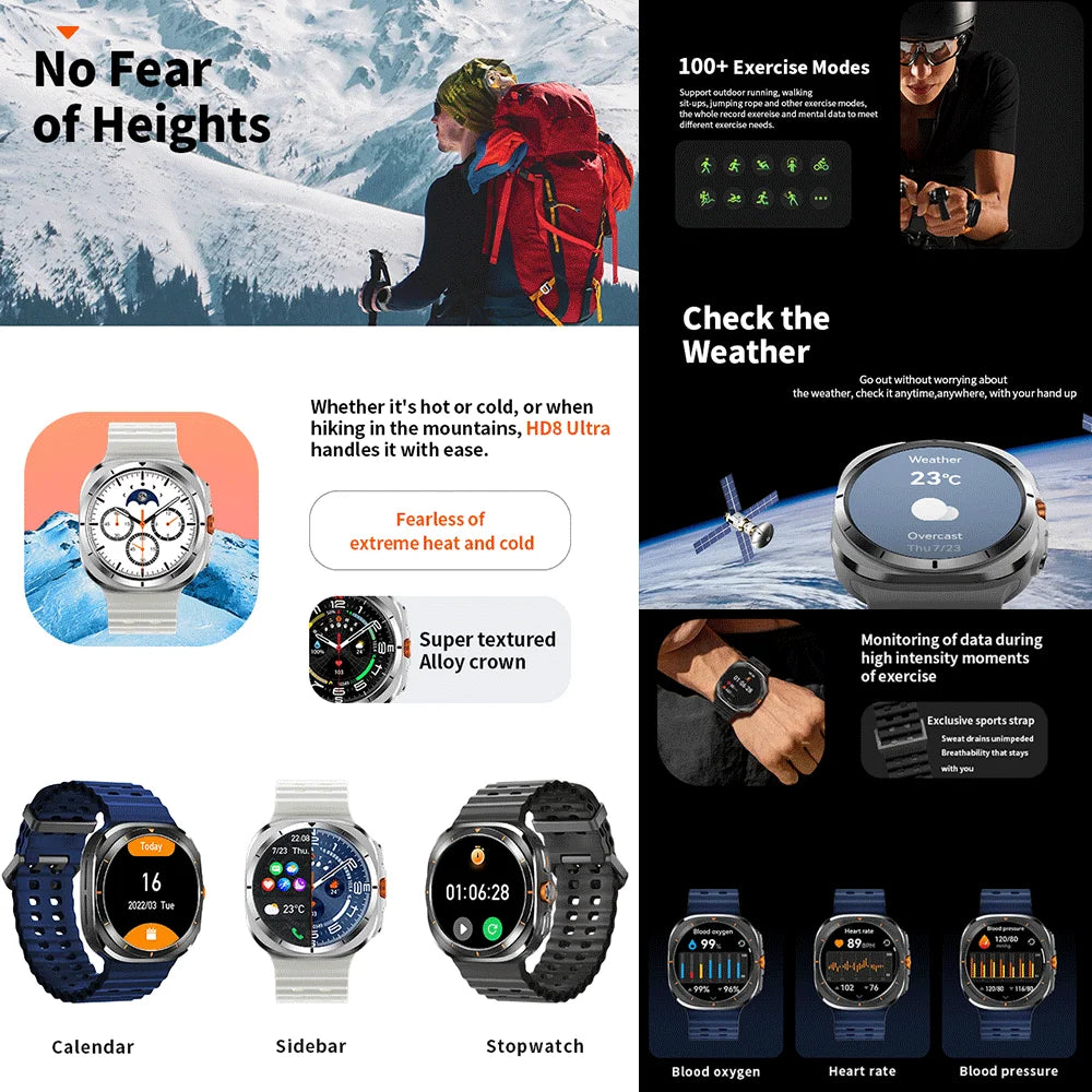 Smart Watch 8 Ultra 2025 Color Matching GPS Compass Smart Watch BT call NFC IP68 Waterproof 4GB Health monitoring Reduction 100% Beauty World Shop