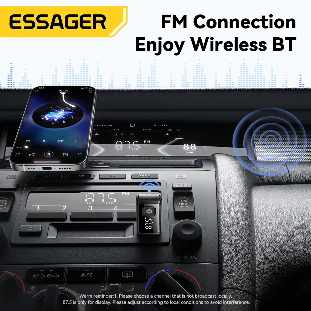 ESSAGER Bluetooth 5.4 Car Adapter Wireless FM Transmitter Audio Receiver&Handsfree Call Auto Stereo Mic Car Adapter Accessories Beauty World Shop