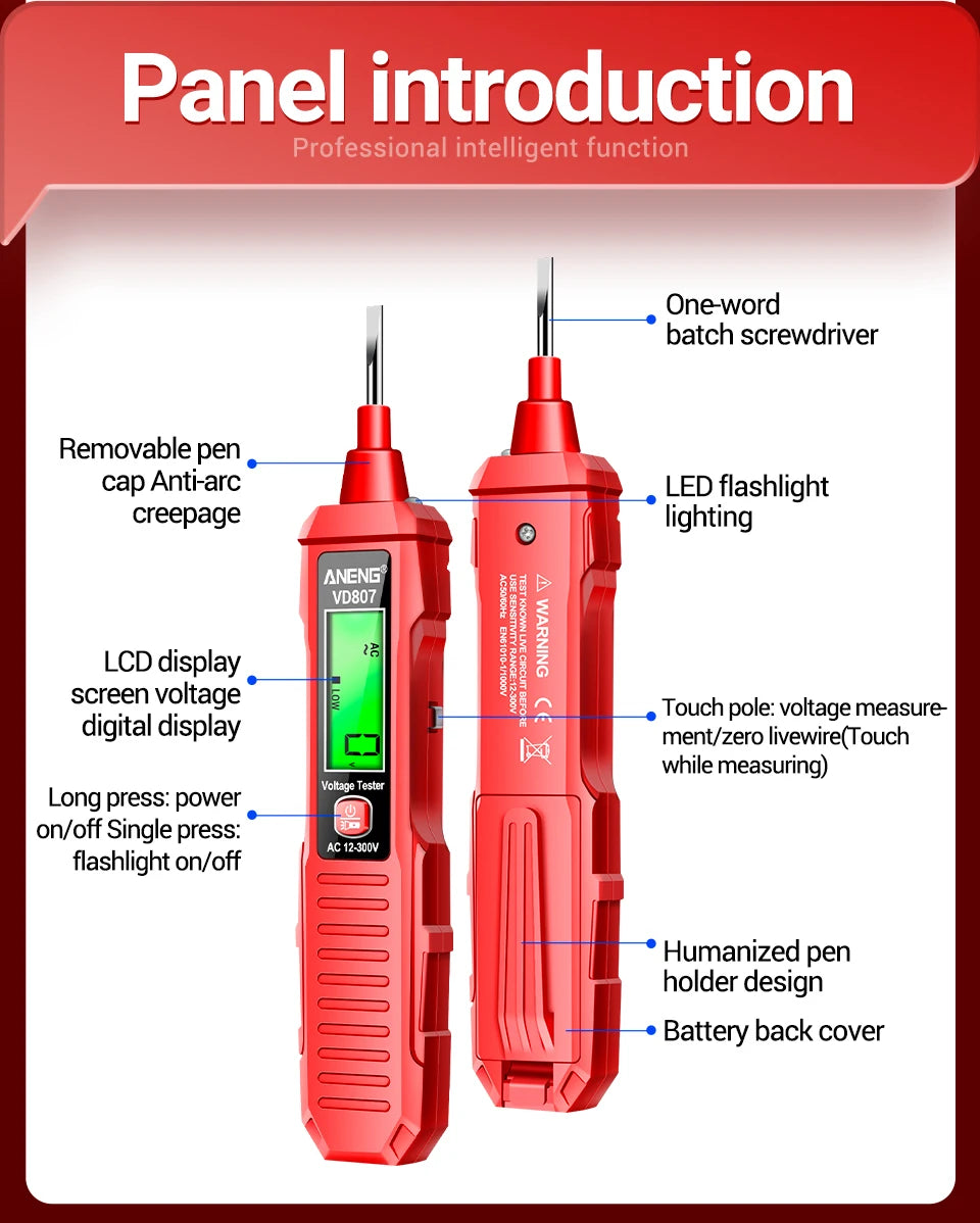 ANENG VD807 One-word Induction Portable 50/60Hz Smart Electric Pen Tester NCV Sensor AC 12-300V Non-contact Wire Detector Tools Beauty World Shop