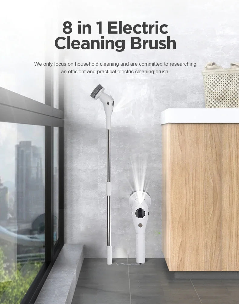 8-in-1 Multifunctional Electric Cleaning Brush Bathroom Kitchen Brush Cleaning With LED NightLight Rotatable Household Brush