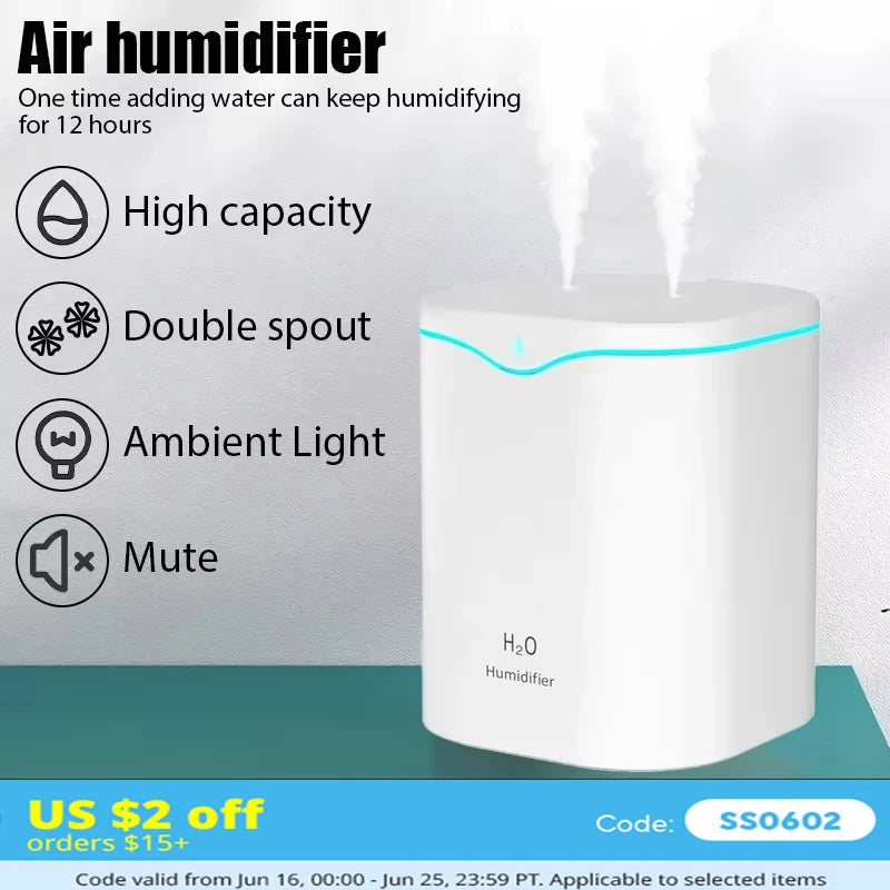 2000ML USB Air Humidifier Double Spray Port Essential Oil Aromatherapy Diffuser Cool Mist Maker Fogger for Home Office Beauty World Shop