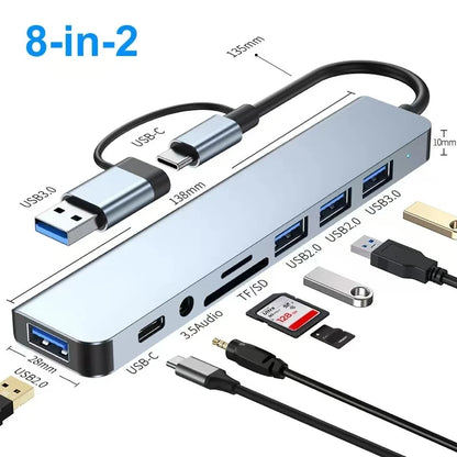 8 In 2 USB HUB With Splitter Card Reader, USB C Port, USB 3.0 / 2.0, SD/TF Splitter Card Reader, Docking Station Beauty World Shop