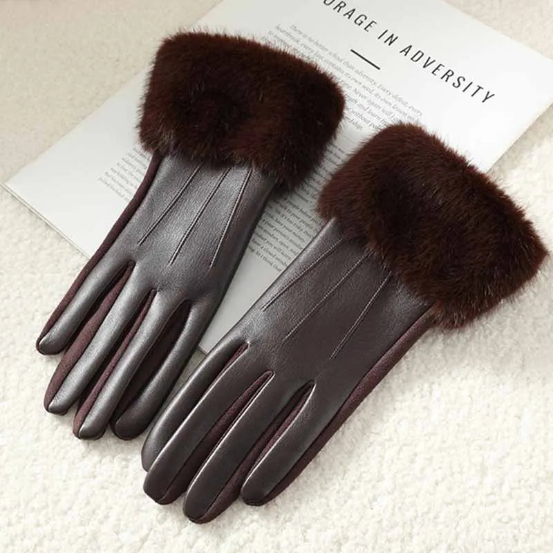 Winter Luxury Women's PU Leather Gloves Wrist Soft Faux Fur Trim Cuff Fashion Elegant Party Warm Touch Screen Drive Cycling Beauty World Shop