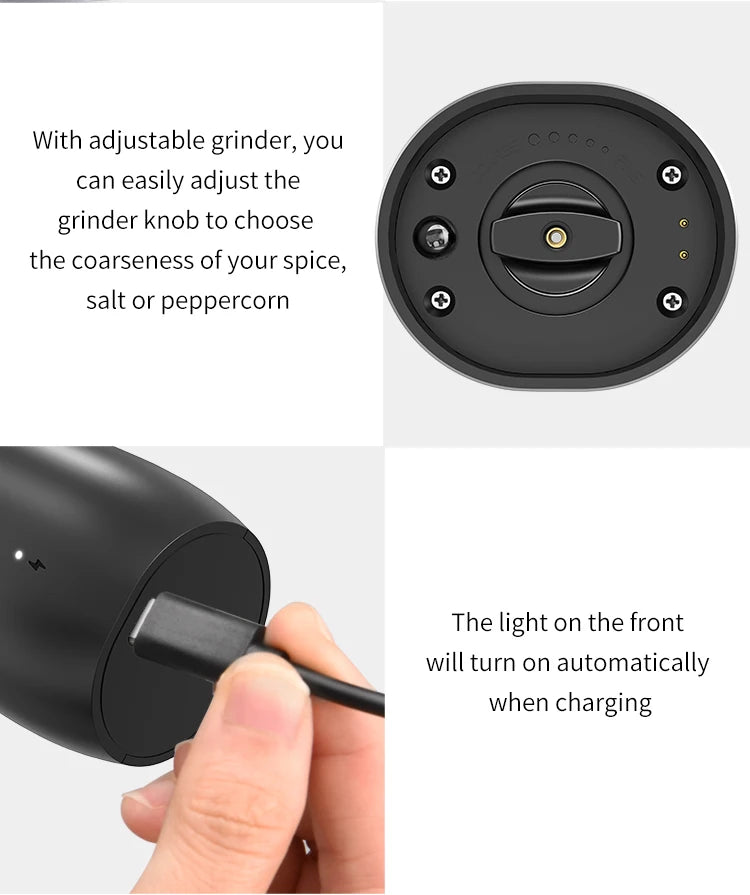 Electric Automatic Salt And Pepper Grinder Set Rechargeable With USB Gravity Spice Mill Adjustable Spices Grinder With LED Light Beauty World Shop