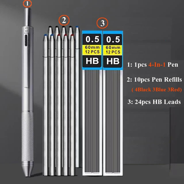 Multifunctional 4-color-in-one gravity-sensing pen metal ballpoint pen/Mechanical Pencil,Black/Red/Blue Ink Oil Signing canetas Beauty World Shop