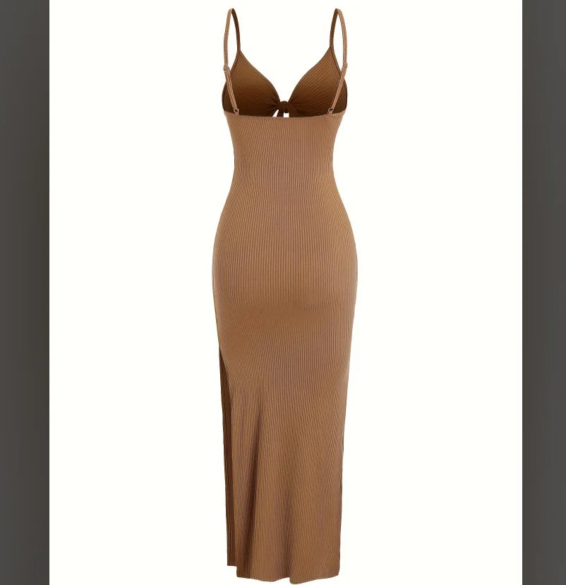 Europe and America knit simple sleeveless suspender dress in spring and summer, leaking back and sexy long skirt with neck. Beauty World Shop
