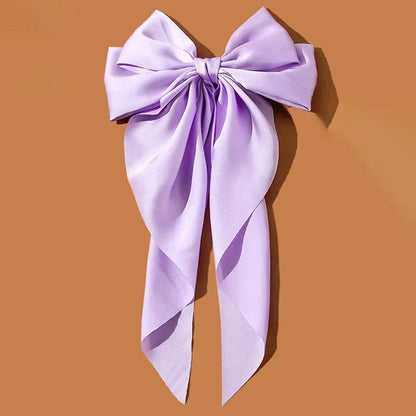 Korean Accessories Hair Clips for Women Girls Big Bowknot Solid Satin Long Ribbon Bows Spring Clamp Barette Cheveux Femme 2023 Beauty World Shop