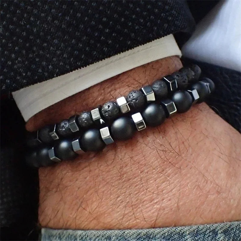 2pcs/set Beaded Bracelet Men Lava Stone Agate Tiger Eye Bead Charm Men Women Bracelet Sets Jewelry Best Gifts Pulsera Hombre Beauty Fashion