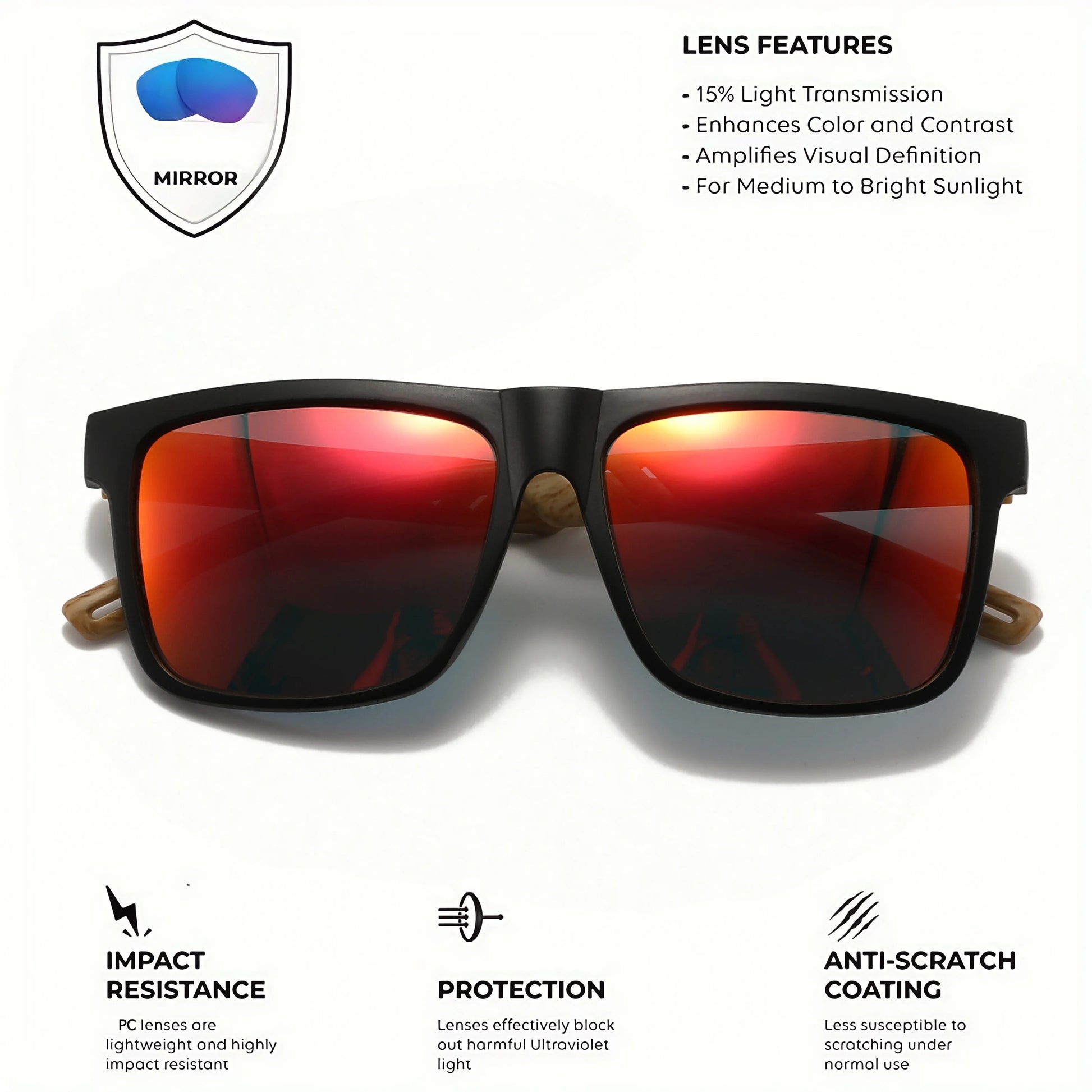 New Fashion Square Sunglasses - Wood Grain Spring Hinge, UV400 Unisex for Driving, Hiking & Travel Beauty World Shop